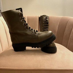 Helene Rouge, Leather Military Combat Boots, Size 8.5, Olive Green